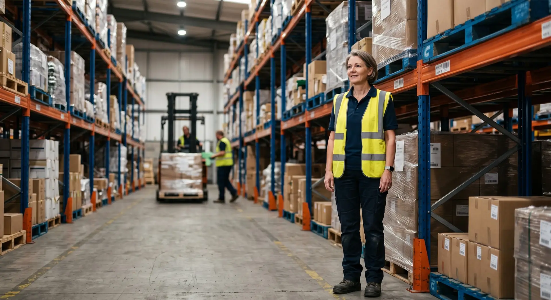 A professional female warehouse manager wearing a high-visibility vest stands in an aisle beside tall racking filled with boxed inventory.